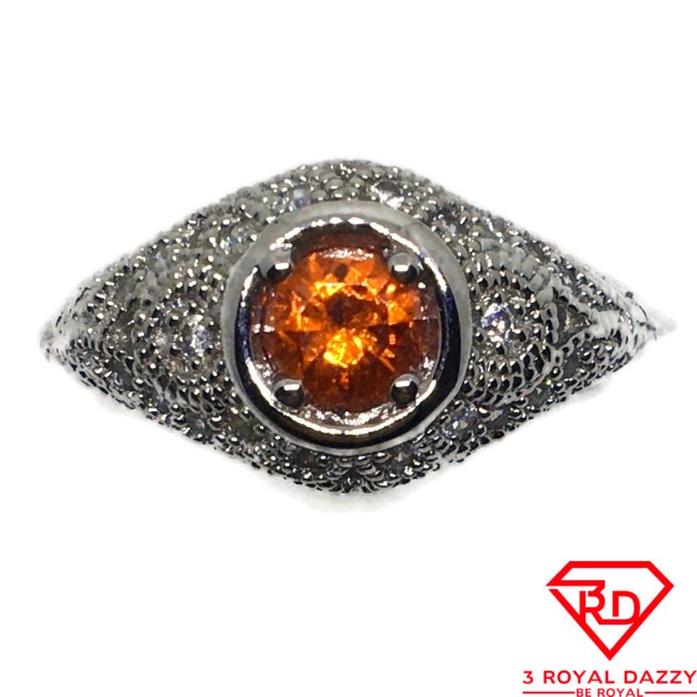 Orange round CZ White gold on silver Ring S6
